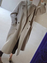 Aurohaya Long Double-Breasted Wool-Look Coat Elegant Women’s Belted Trench Jacket with Pockets